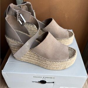 Marc Fisher Taupe Perforated Wedge Sandals